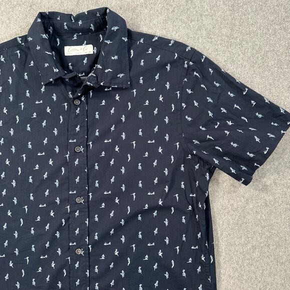Cotton & Co. Button Down Short Sleeve Shirt Men Small Navy Blue Pin Up Print - Picture 3 of 8